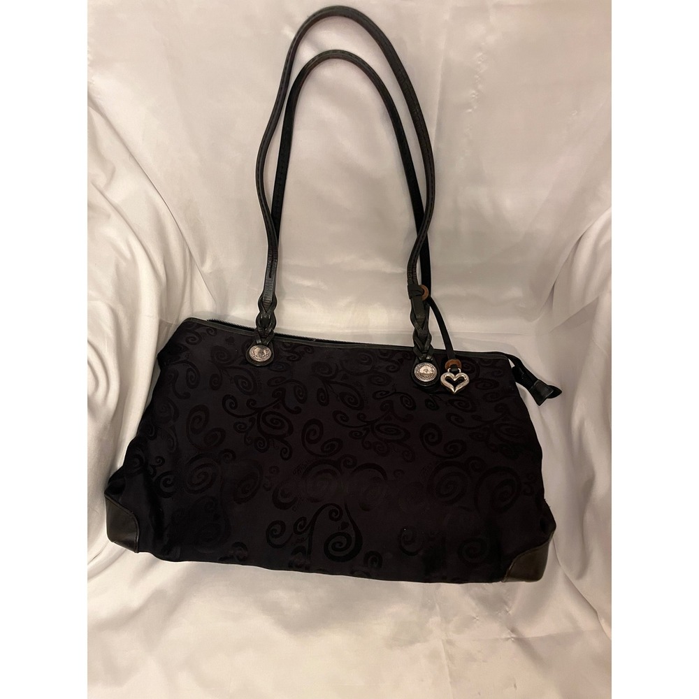 Brighton Vintage Mevelyn Jacquard Black Fabric Tote Shoulder Bag Leather Handles